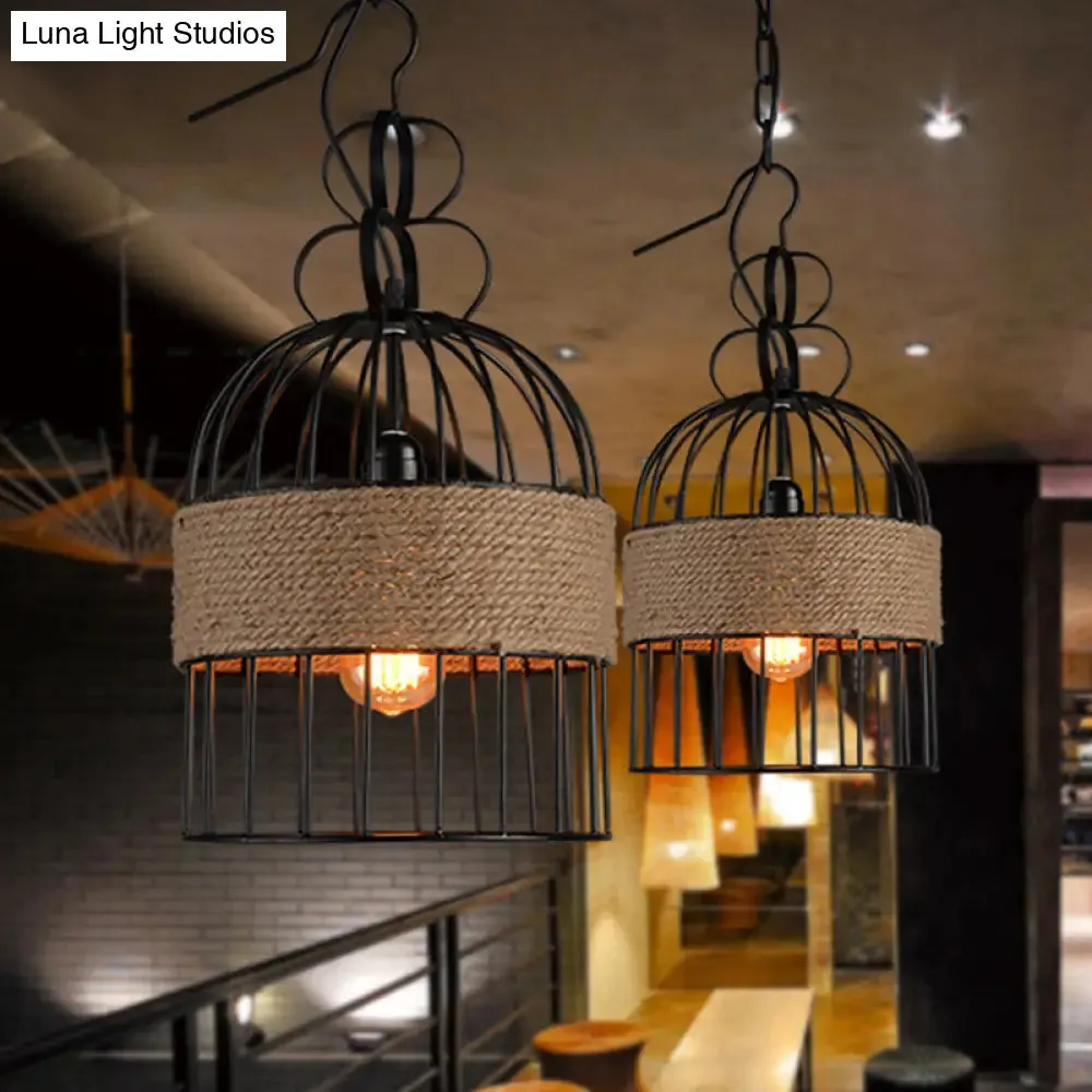 Black Vintage Birdcage Pendant Lamp with Hemp Rope