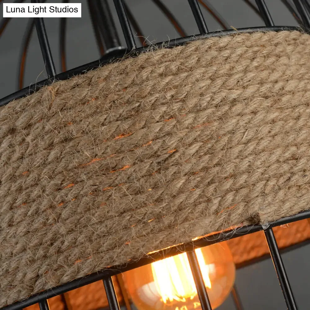 Black Vintage Birdcage Pendant Lamp with Hemp Rope