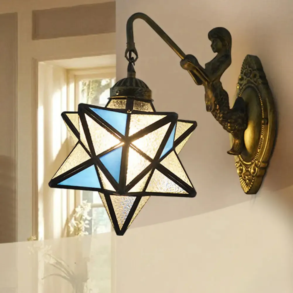 Blue and Clear Dimple Glass Mediterranean Sconce Lighting - Star Wall Mounted Light