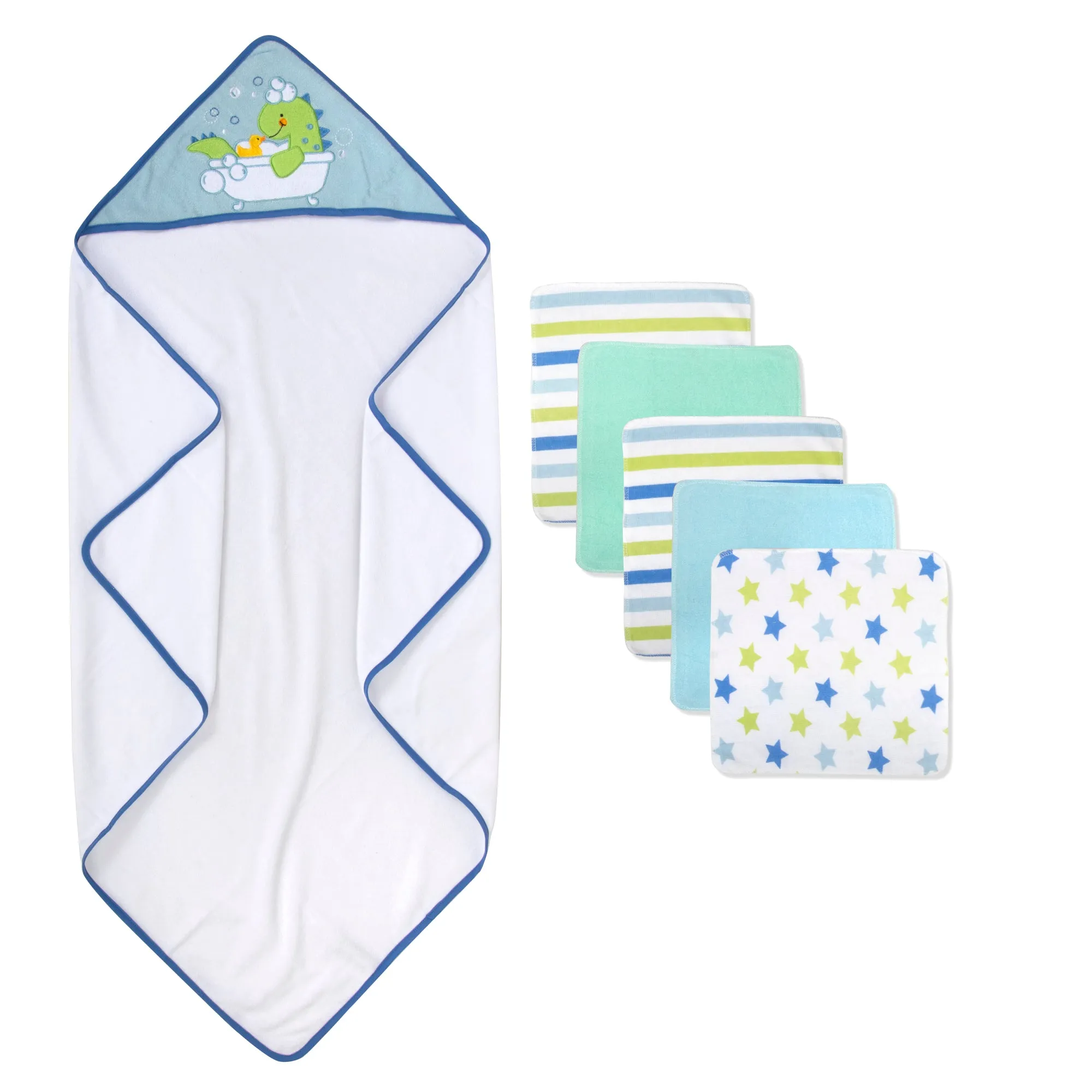 Blue Dinosaur Hooded Bath Towel & 5 Wash Cloth Baby Bath Sets