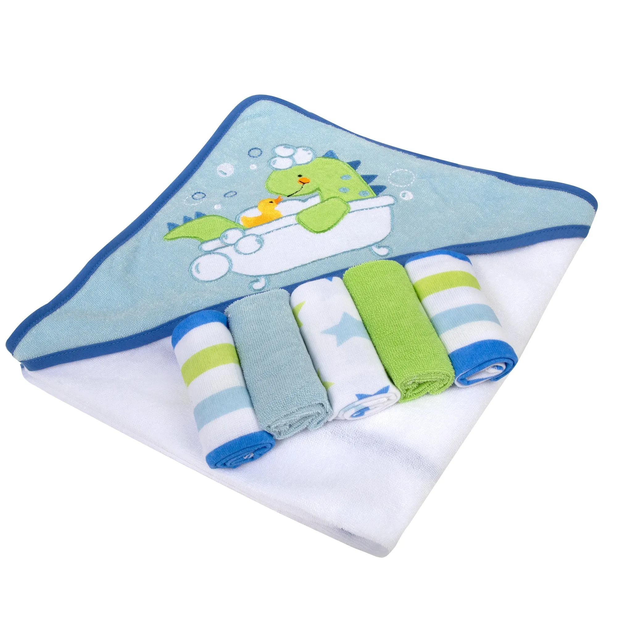 Blue Dinosaur Hooded Bath Towel & 5 Wash Cloth Baby Bath Sets