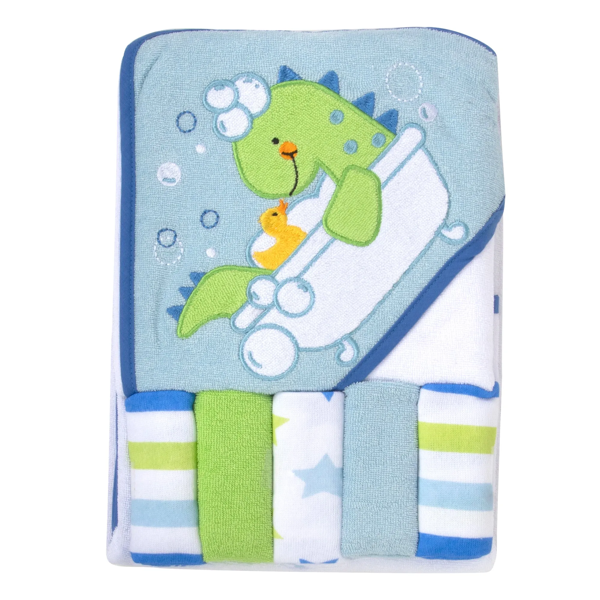 Blue Dinosaur Hooded Bath Towel & 5 Wash Cloth Baby Bath Sets