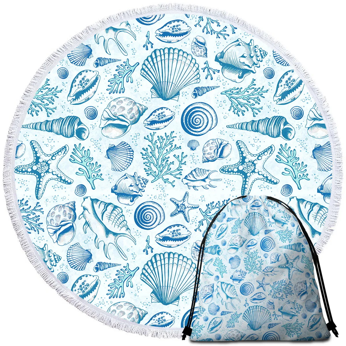 Blue Seashells Round Beach Towel