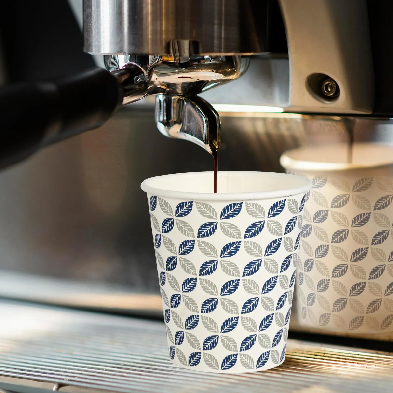 Blue&Grey Leaf Pattern Coffee Cups With Lids&Sleeves&Stirrers(Set of 4)