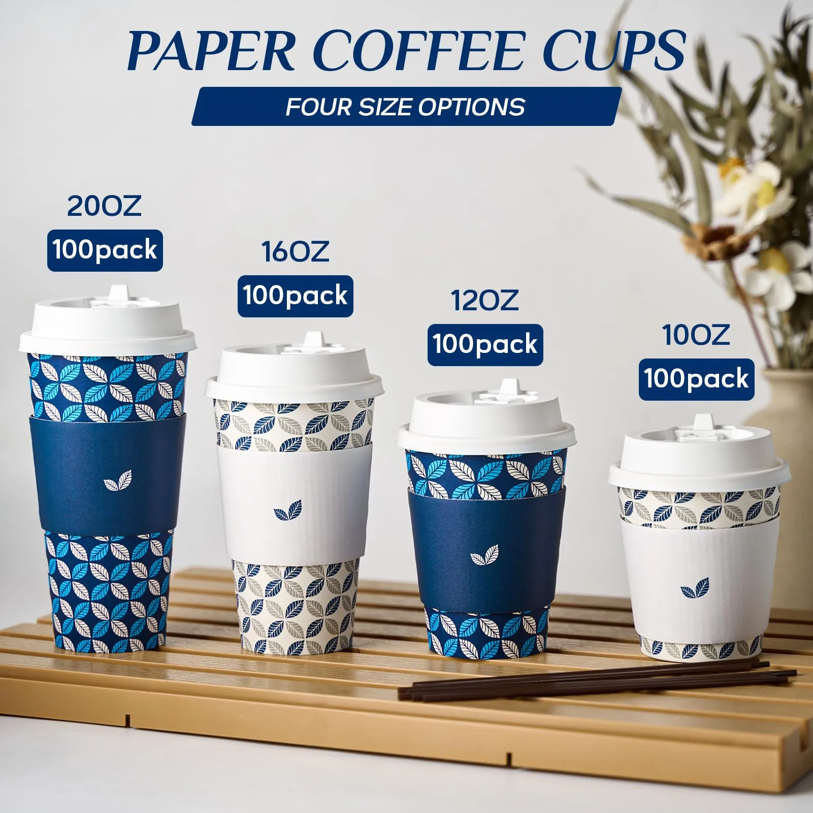 Blue&Grey Leaf Pattern Coffee Cups With Lids&Sleeves&Stirrers(Set of 4)