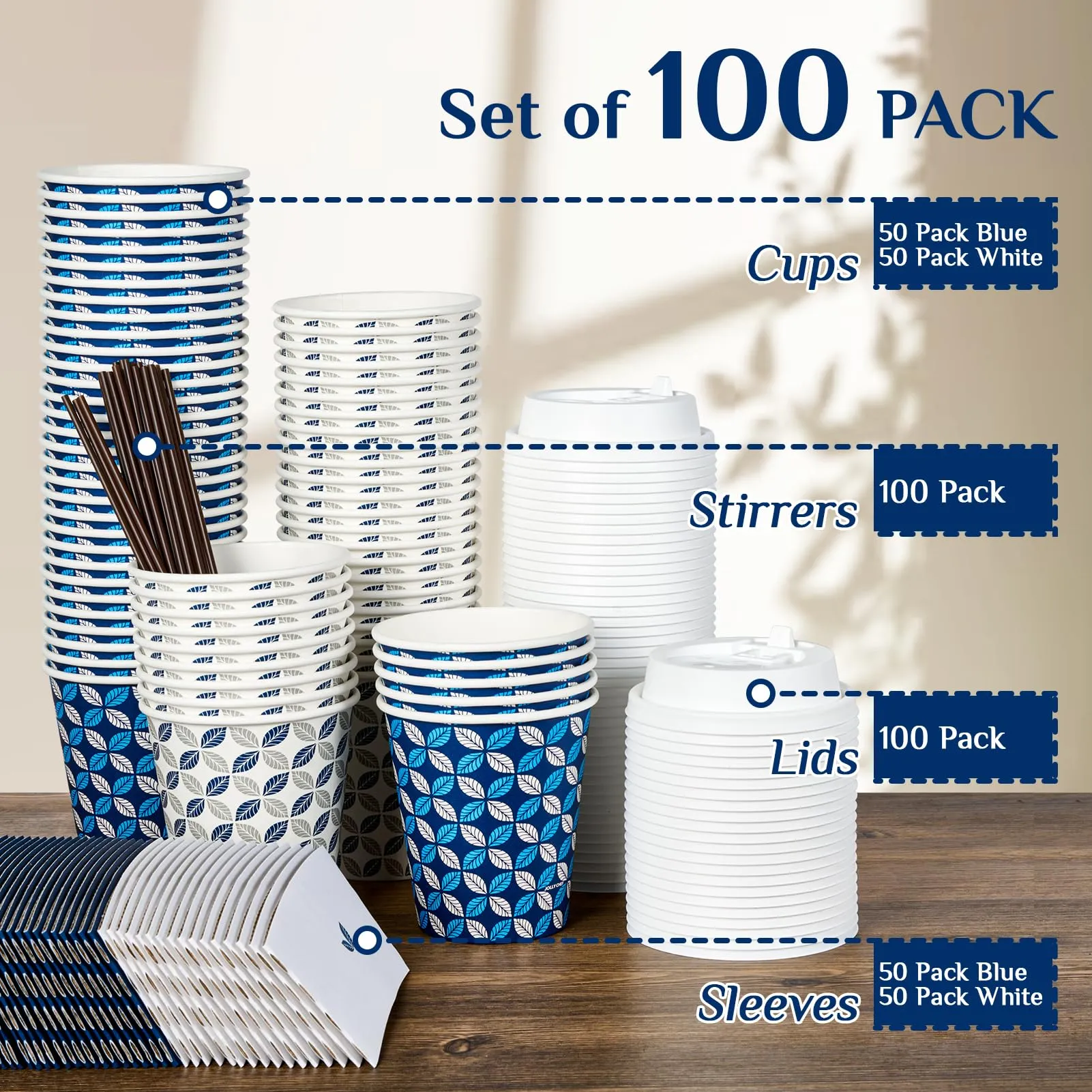 Blue&Grey Leaf Pattern Coffee Cups With Lids&Sleeves&Stirrers(Set of 4)