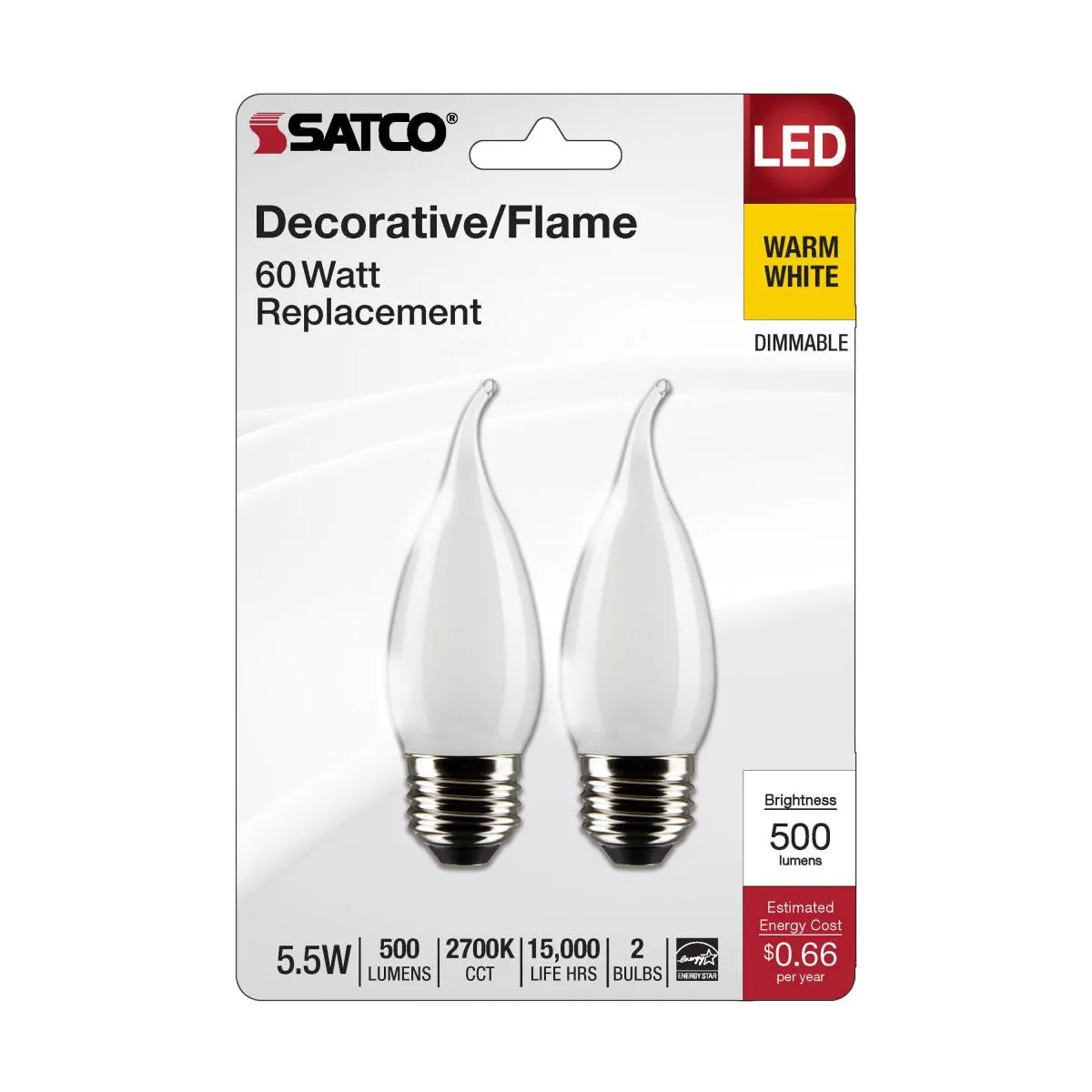 CA10 Filament LED Bulb, 6W, 500 Lumens, 60W Equal, 2700K, E26 Base, Frosted Finish, Pack Of 2