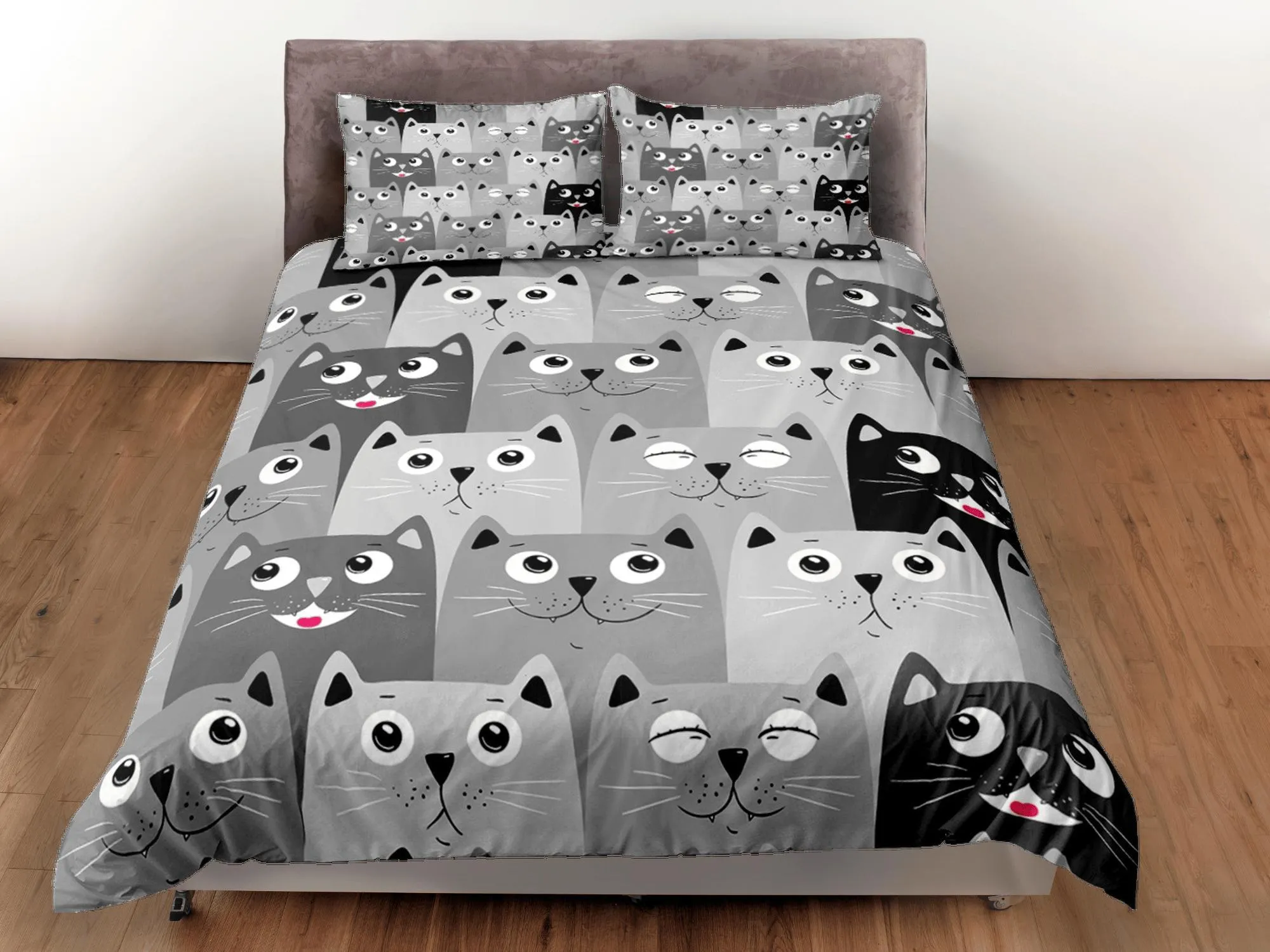 Cat Lover Duvet Cover Set Bedspread, Cute Cats Grey Bedding for Teens Kids Bedroom