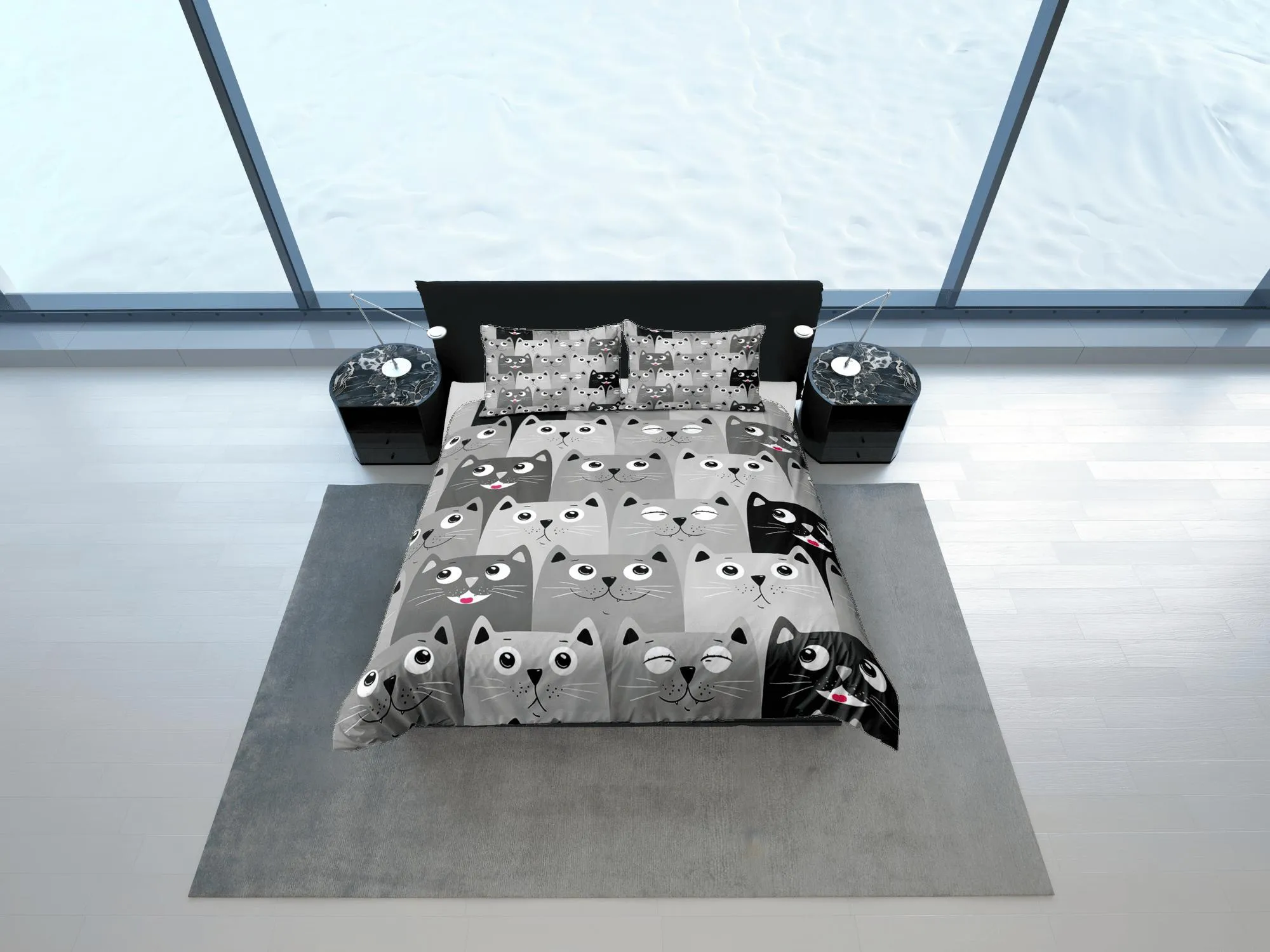 Cat Lover Duvet Cover Set Bedspread, Cute Cats Grey Bedding for Teens Kids Bedroom