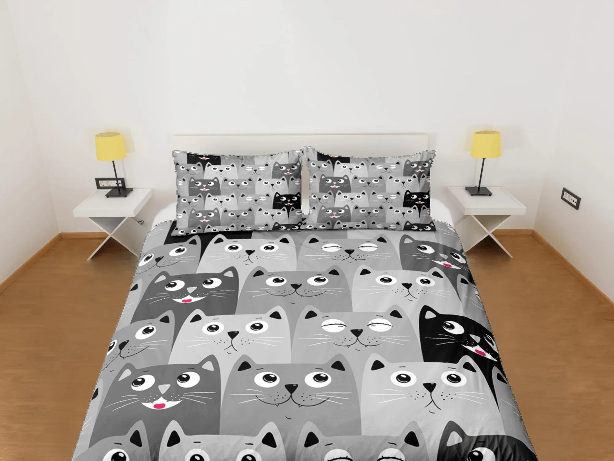 Cat Lover Duvet Cover Set Bedspread, Cute Cats Grey Bedding for Teens Kids Bedroom