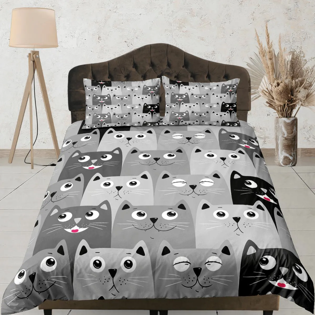 Cat Lover Duvet Cover Set Bedspread, Cute Cats Grey Bedding for Teens Kids Bedroom