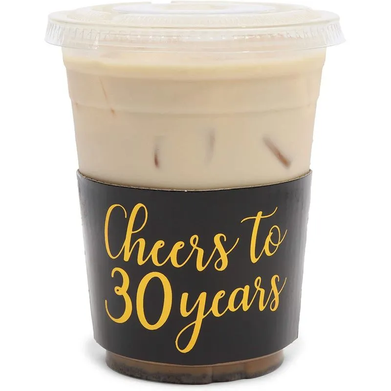 Cheers to 30 Years Coffee Cup Drink Sleeves for 30th Anniversary or Birthday, Fits 12-16 oz Cups (Gold Foil, 50 Pack)