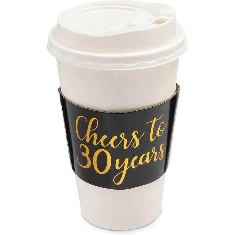 Cheers to 30 Years Coffee Cup Drink Sleeves for 30th Anniversary or Birthday, Fits 12-16 oz Cups (Gold Foil, 50 Pack)