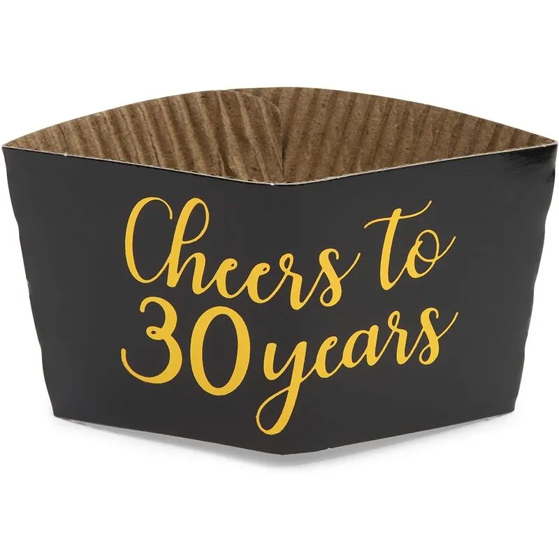 Cheers to 30 Years Coffee Cup Drink Sleeves for 30th Anniversary or Birthday, Fits 12-16 oz Cups (Gold Foil, 50 Pack)