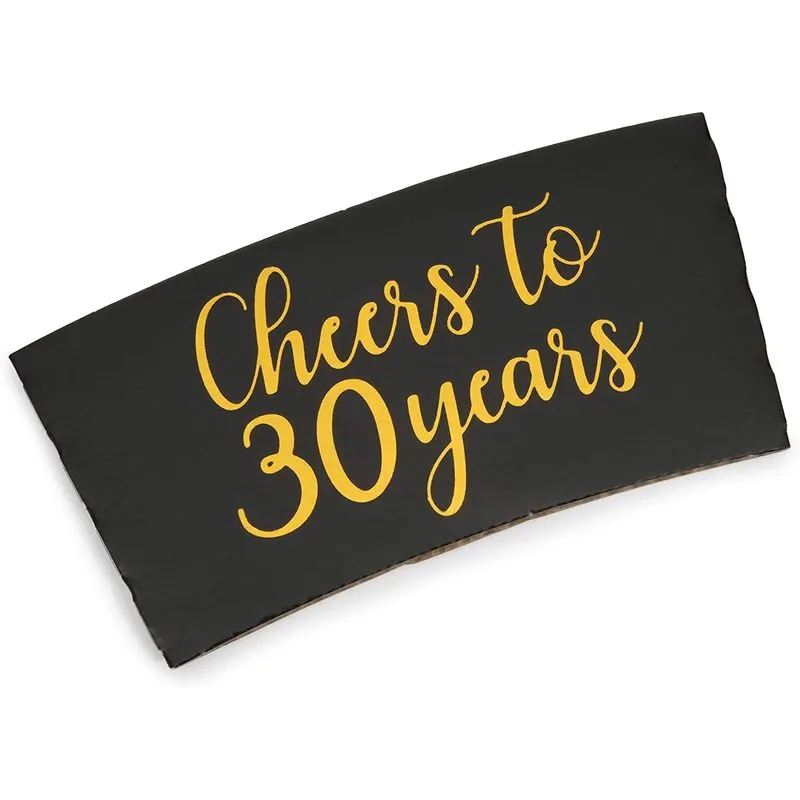 Cheers to 30 Years Coffee Cup Drink Sleeves for 30th Anniversary or Birthday, Fits 12-16 oz Cups (Gold Foil, 50 Pack)