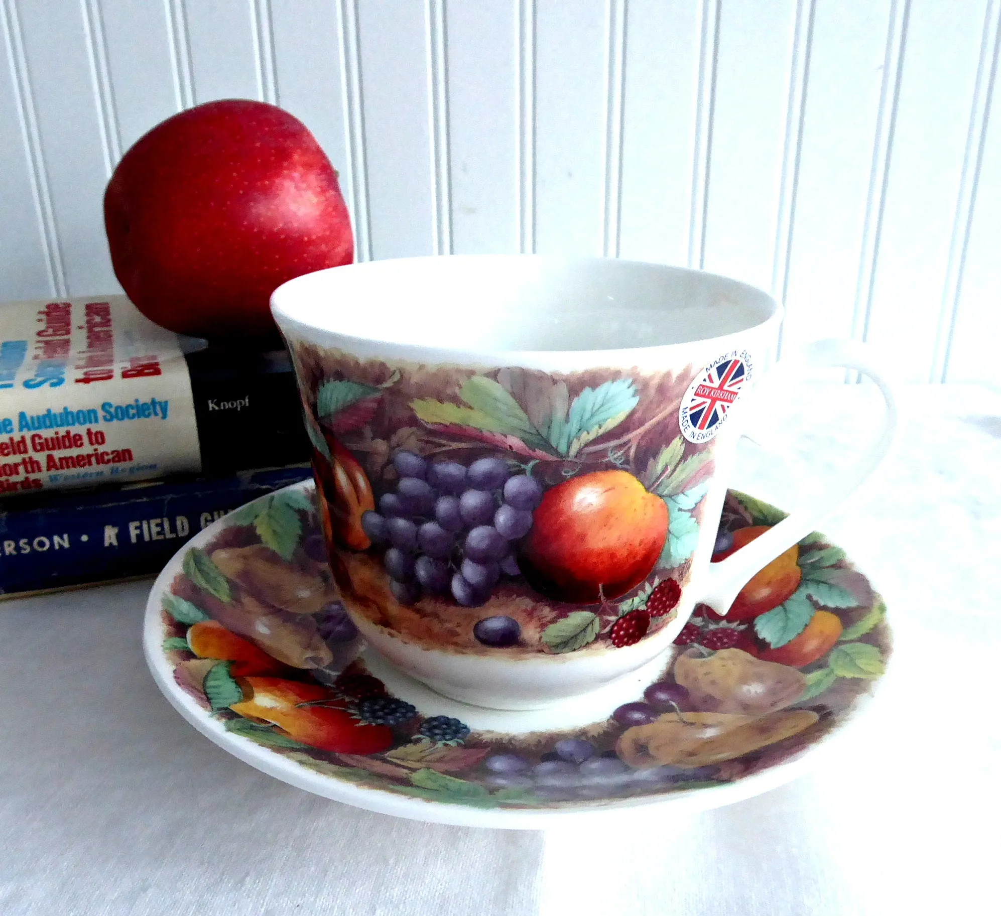 Classic Fruit Design Breakfast Size Cup And Saucer Roy Kirkham Bone China Apples Grapes