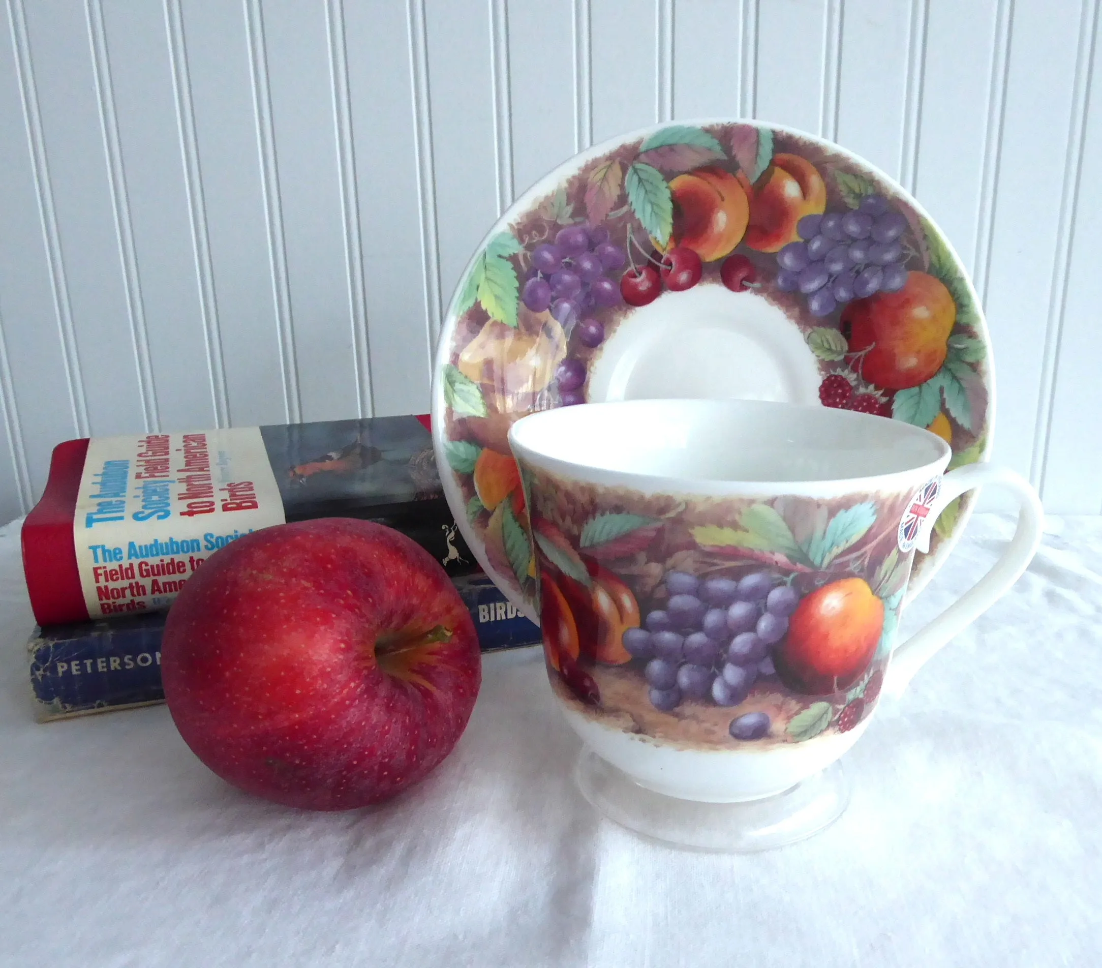 Classic Fruit Design Breakfast Size Cup And Saucer Roy Kirkham Bone China Apples Grapes