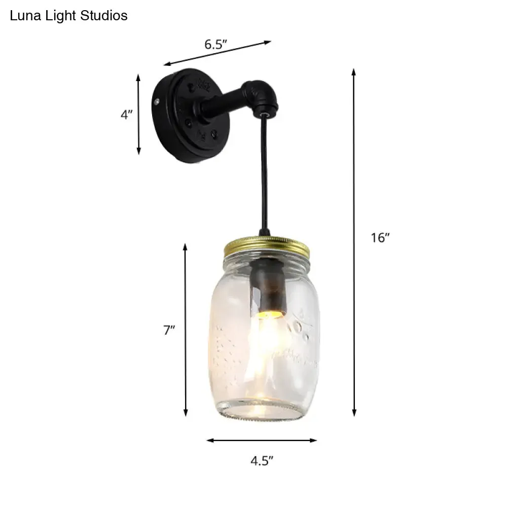 Clear Glass Black Wall Sconce with Industrial Lighting Jar Shade - 1-Light Fixture for Corridor