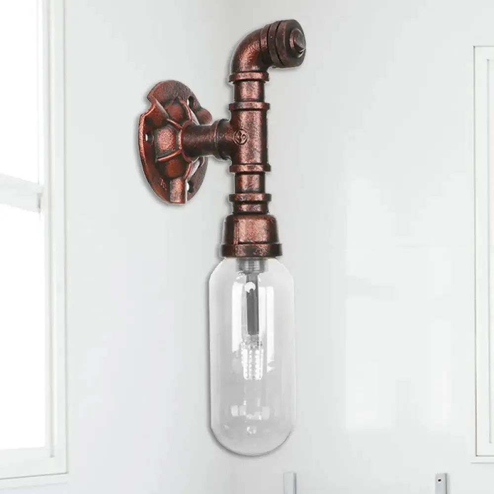 Clear Glass Industrial Weathered Copper Wall Sconce with Pipe Design – Bedroom Light Fixture