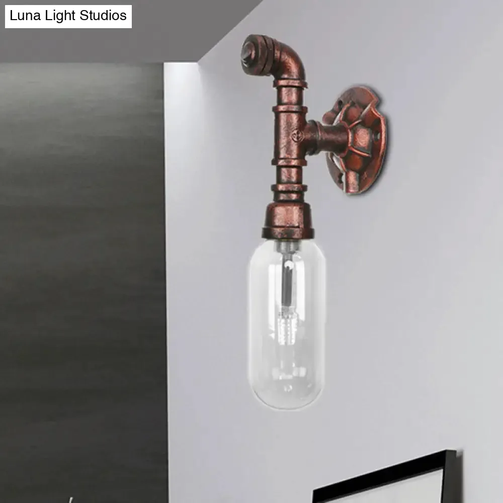 Clear Glass Industrial Weathered Copper Wall Sconce with Pipe Design – Bedroom Light Fixture