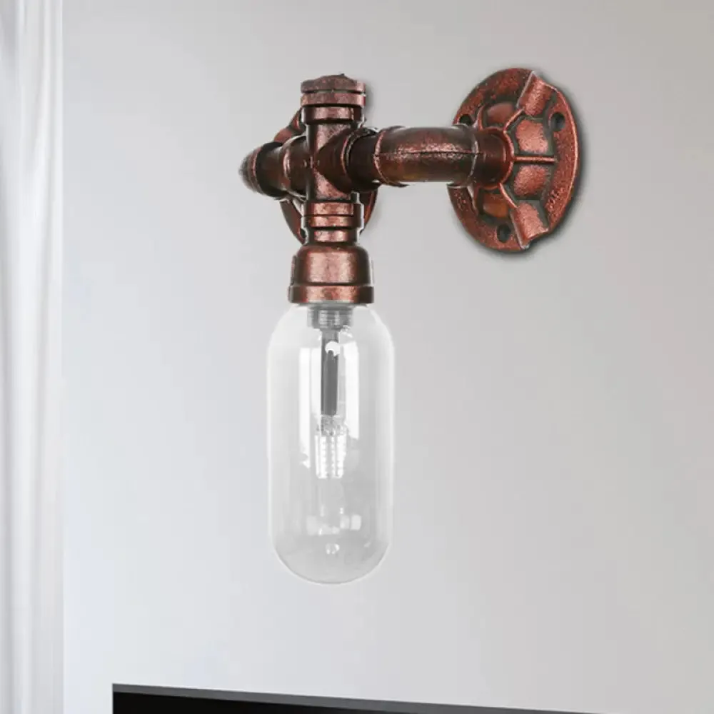 Clear Glass Industrial Weathered Copper Wall Sconce with Pipe Design – Bedroom Light Fixture