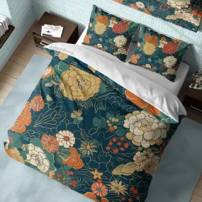 Colorful Japanese Bedding Set Cotton Duvet Cover, Chrysanthemum Blanket Cover Floral Bedspread, Retro Quilt Cover Reversible Bed Cover