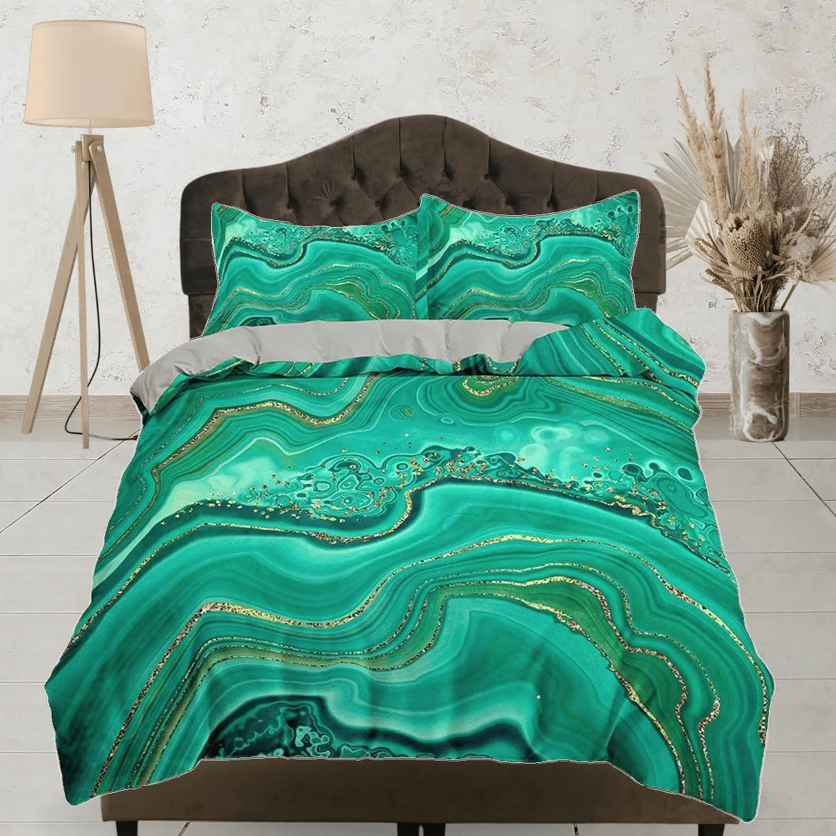 Contemporary bedroom set aesthetic duvet cover green, luxury duvet gold marble abstract art room decor boho chic bedding set full king queen