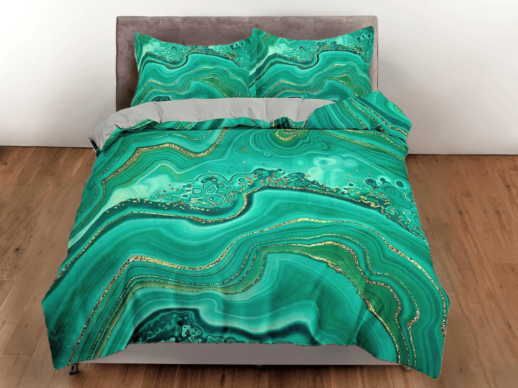 Contemporary bedroom set aesthetic duvet cover green, luxury duvet gold marble abstract art room decor boho chic bedding set full king queen