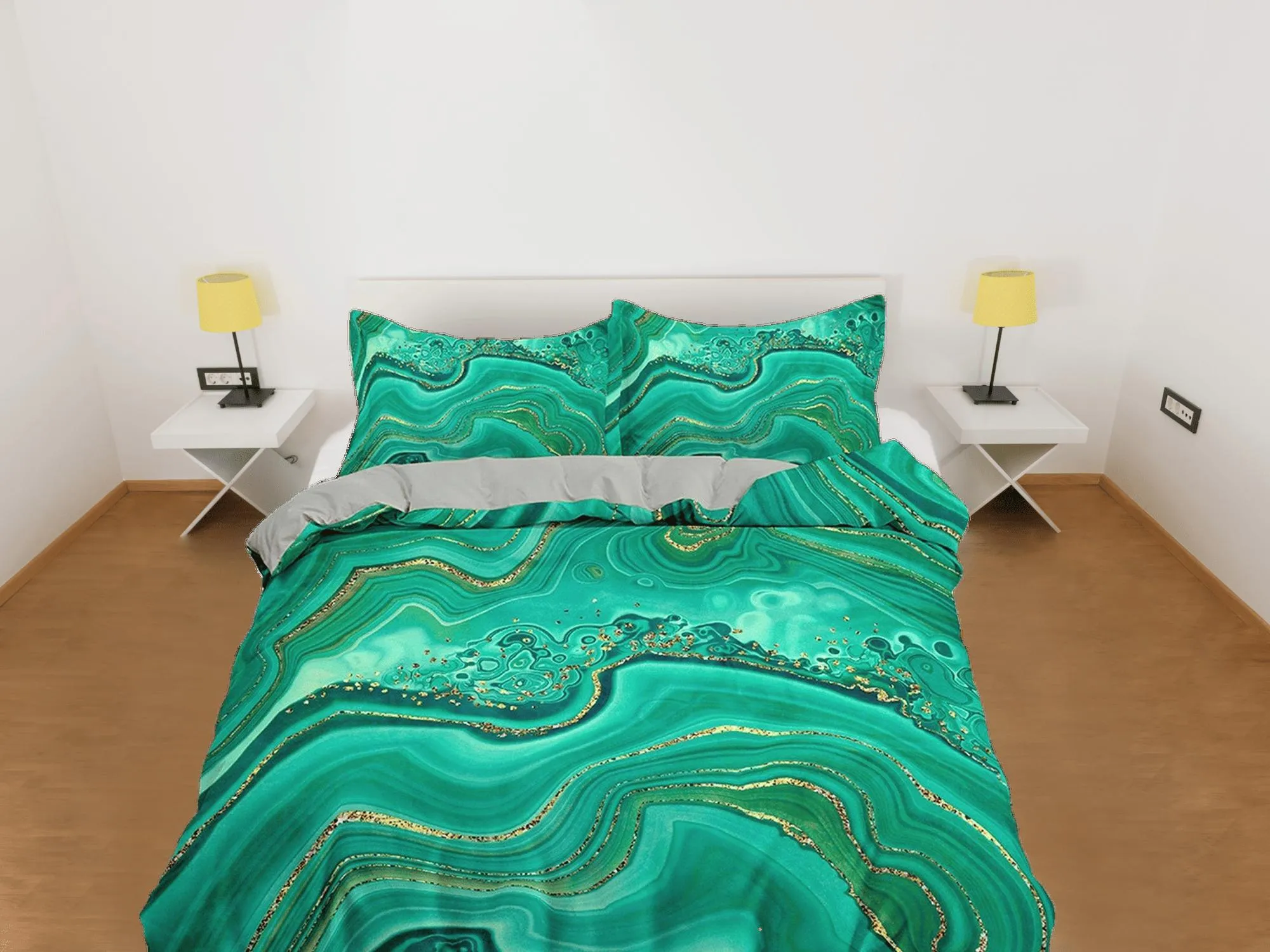 Contemporary bedroom set aesthetic duvet cover green, luxury duvet gold marble abstract art room decor boho chic bedding set full king queen