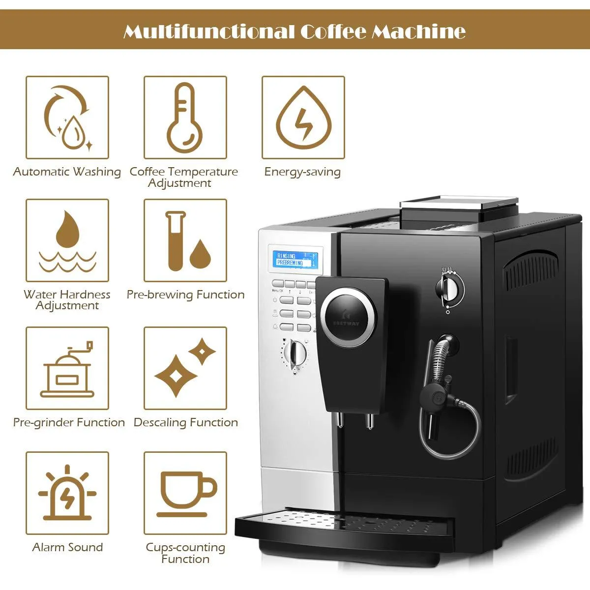 COSTWAY Super Automatic Espresso Machine, All-In-One Design, 19 Bar Pump, Built-In Milk Frother & Steamer, Stainless Steel Removable Water Tank and Drip Tray, Frothing for Cappuccino and Latte, Barista Touch Coffee Machine (Silver  Black)