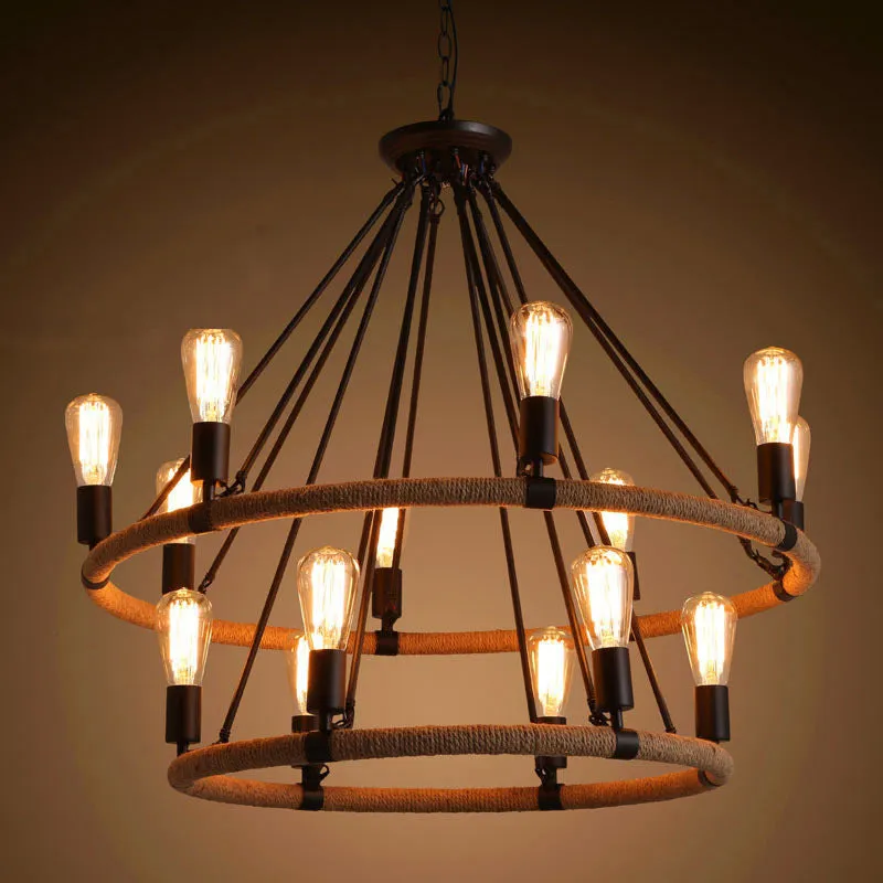 Country Hemp Rope Loop Chandelier - Hanging Ceiling Light in Black for Restaurants"

This revised title maintains the essential keywords and information, while keeping it concise for better SEO optimization.