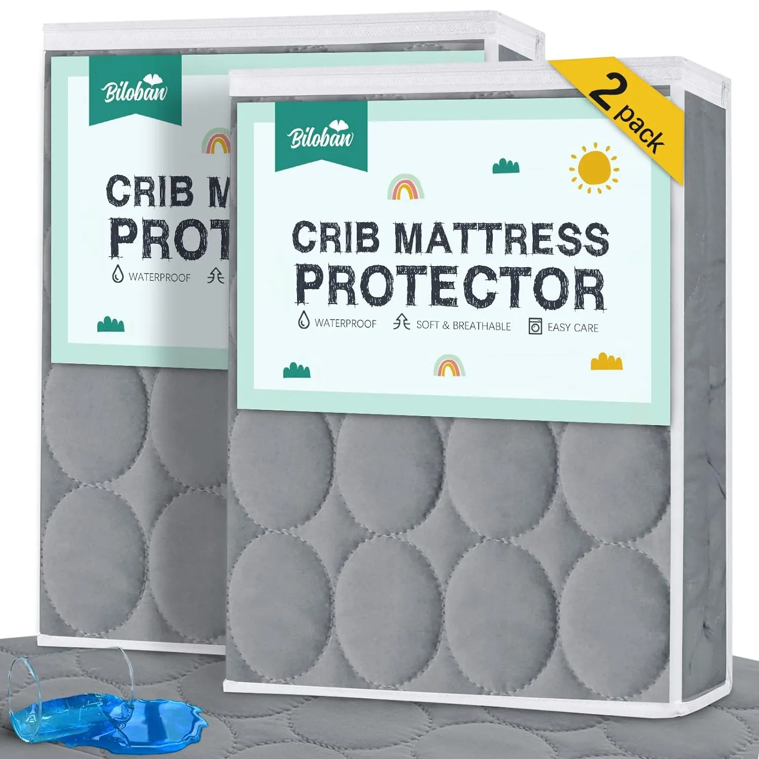 Crib Mattress Protector/ Pad Cover - 2 Pack, Quilted Microfiber, Waterproof, Grey (for Standard Crib/ Toddler Bed)