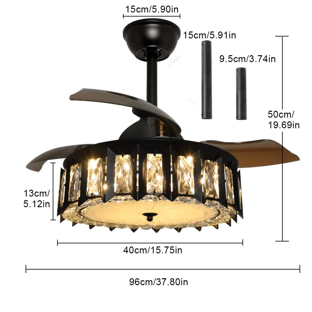 Depuley Crystal Ceiling Fan with Lights, Industrial Ceiling Fan with Remote, 36W Black Ceiling Fans Light Fixture 3-Blade Retractable LED Fan Chandelier for Living Room, 3 Color Changeable, Timing