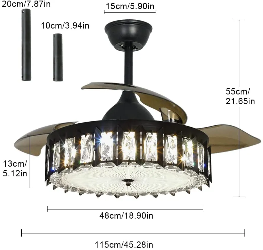 Depuley Crystal Ceiling Fan with Lights, Industrial Ceiling Fan with Remote, 36W Black Ceiling Fans Light Fixture 3-Blade Retractable LED Fan Chandelier for Living Room, 3 Color Changeable, Timing