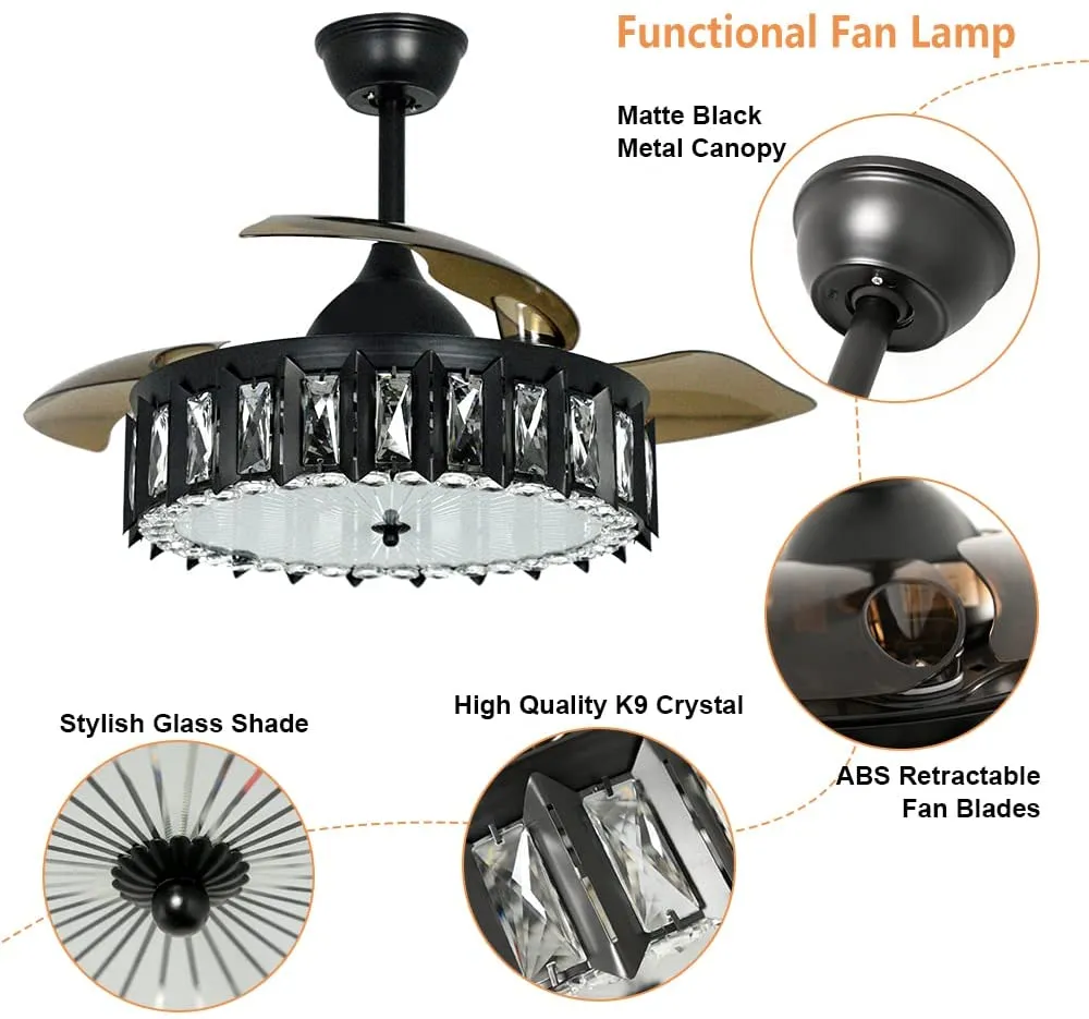 Depuley Crystal Ceiling Fan with Lights, Industrial Ceiling Fan with Remote, 36W Black Ceiling Fans Light Fixture 3-Blade Retractable LED Fan Chandelier for Living Room, 3 Color Changeable, Timing