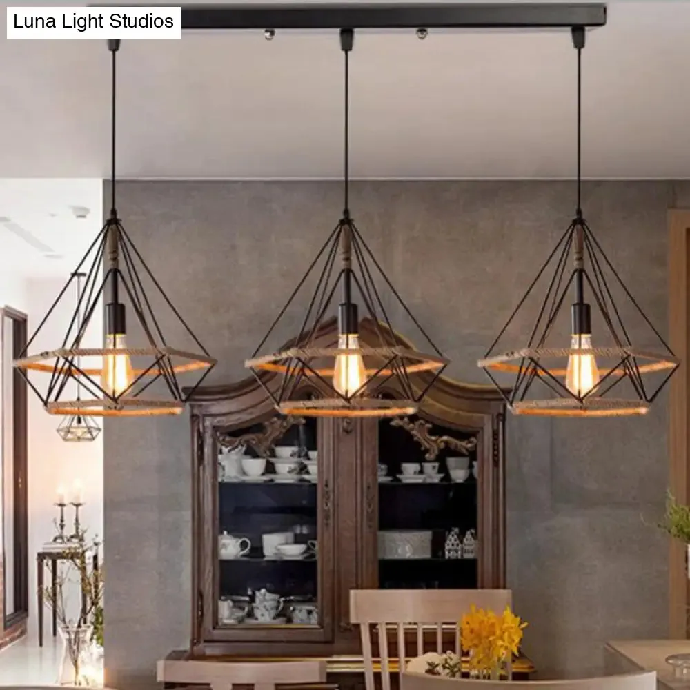 Diamond Cage Pendant Lamp - Industrial Stylish, 3 Lights, Metal and Rope, Black