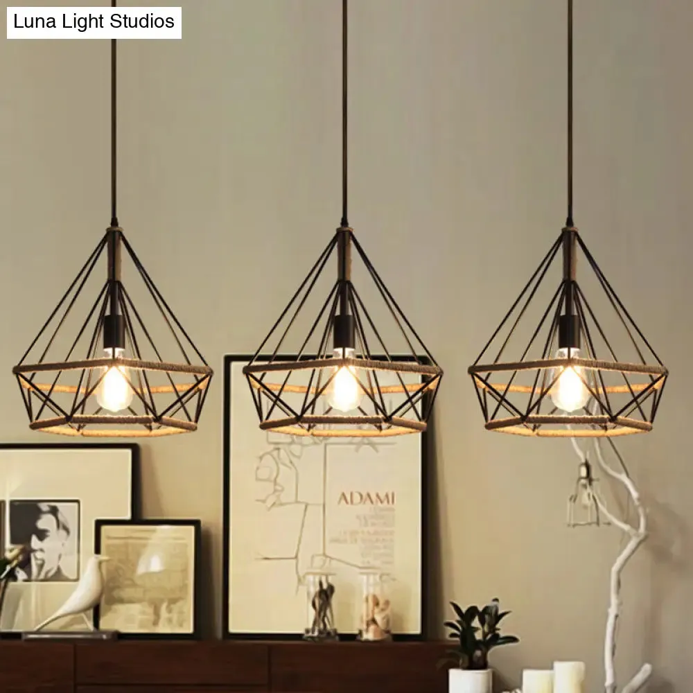 Diamond Cage Pendant Lamp - Industrial Stylish, 3 Lights, Metal and Rope, Black