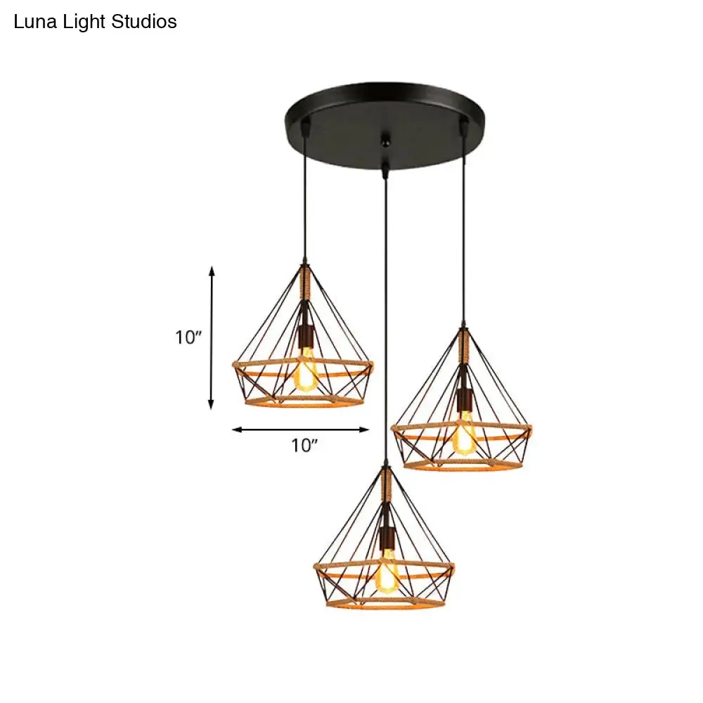 Diamond Cage Pendant Lamp - Industrial Stylish, 3 Lights, Metal and Rope, Black