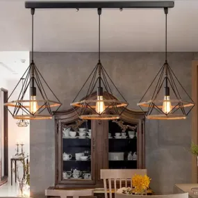 Diamond Cage Pendant Lamp - Industrial Stylish, 3 Lights, Metal and Rope, Black