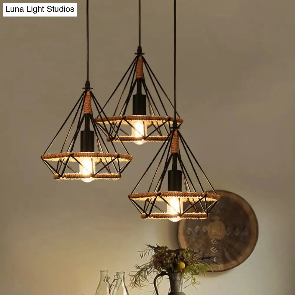 Diamond Cage Pendant Lamp - Industrial Stylish, 3 Lights, Metal and Rope, Black