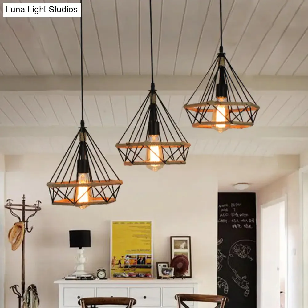 Diamond Cage Pendant Lamp - Industrial Stylish, 3 Lights, Metal and Rope, Black