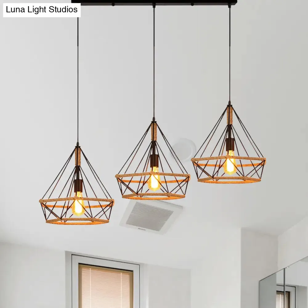 Diamond Cage Pendant Lamp - Industrial Stylish, 3 Lights, Metal and Rope, Black