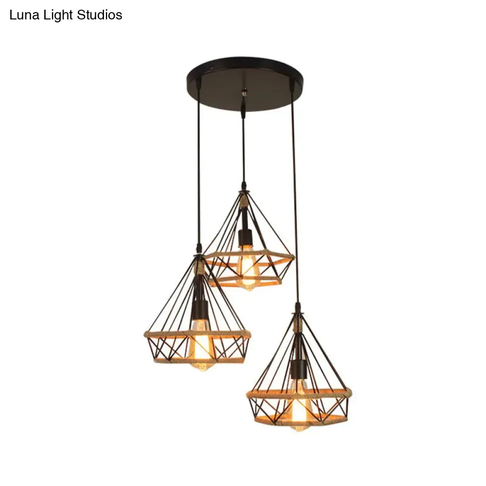 Diamond Cage Pendant Lamp - Industrial Stylish, 3 Lights, Metal and Rope, Black