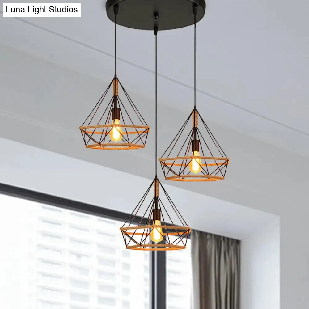 Diamond Cage Pendant Lamp - Industrial Stylish, 3 Lights, Metal and Rope, Black