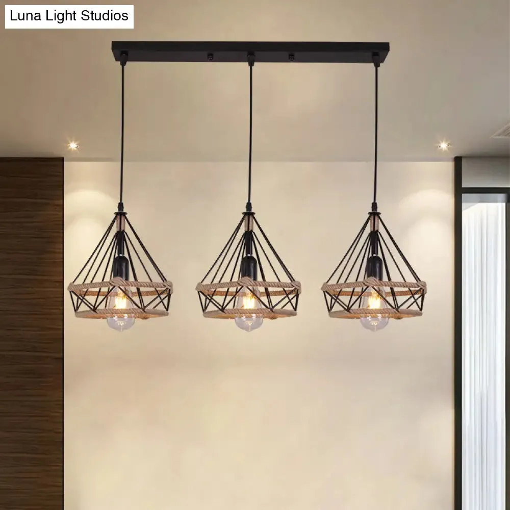 Diamond Cage Pendant Lamp - Industrial Stylish, 3 Lights, Metal and Rope, Black