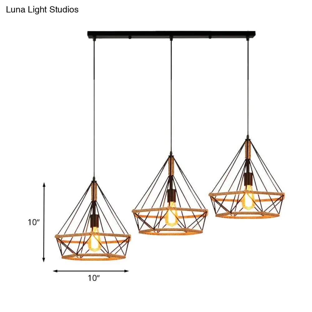 Diamond Cage Pendant Lamp - Industrial Stylish, 3 Lights, Metal and Rope, Black