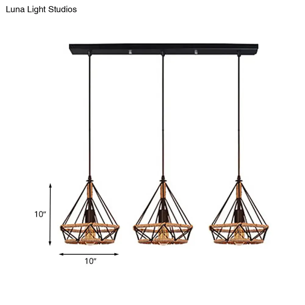 Diamond Cage Pendant Lamp - Industrial Stylish, 3 Lights, Metal and Rope, Black