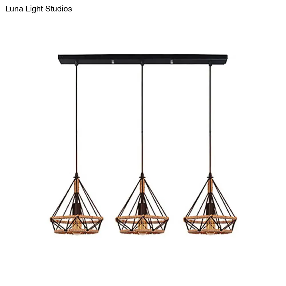 Diamond Cage Pendant Lamp - Industrial Stylish, 3 Lights, Metal and Rope, Black