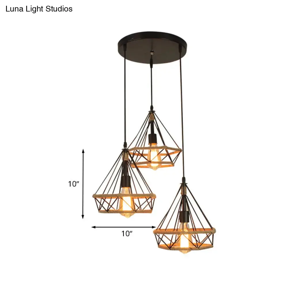 Diamond Cage Pendant Lamp - Industrial Stylish, 3 Lights, Metal and Rope, Black