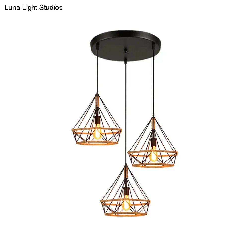 Diamond Cage Pendant Lamp - Industrial Stylish, 3 Lights, Metal and Rope, Black